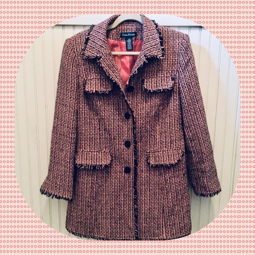 Evan Picone pink and black tattered tweed jacket